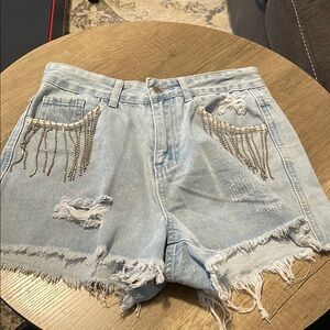 Harper Heritage Distressed Denim Shorts with Beaded Detail rhinestone